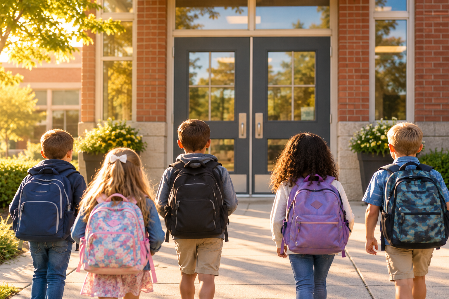 Children with backpacks walking toward the doors of a school